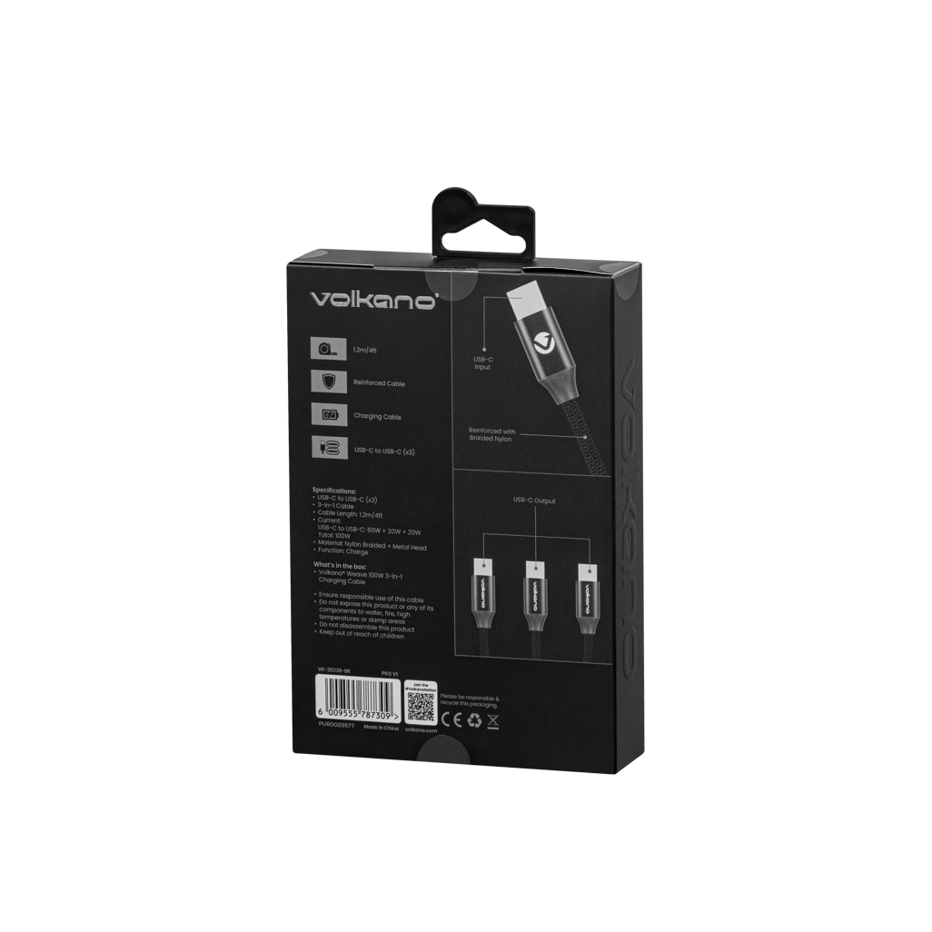 Volkano Weave Series 100w 3-in-1 Charge Cable (3 x Type C) - Black