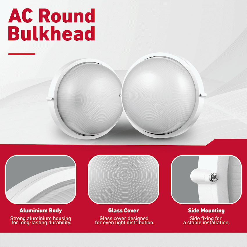 Ellies Illume Series - AC Round Bulkhead - Aluminium + Glass - E27 Base -WT - image 4