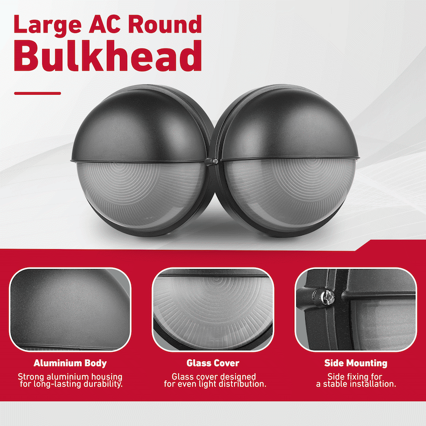 Ellies Arc Series - Large AC Round Bulkhead - Aluminium + Glass - E27 Base -BK - image 4