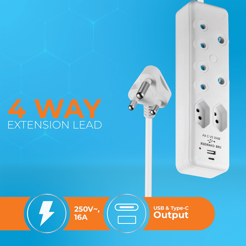 Switched 4-Way Extension Lead with 1x Type-C + 1x USB - 2m - image 4