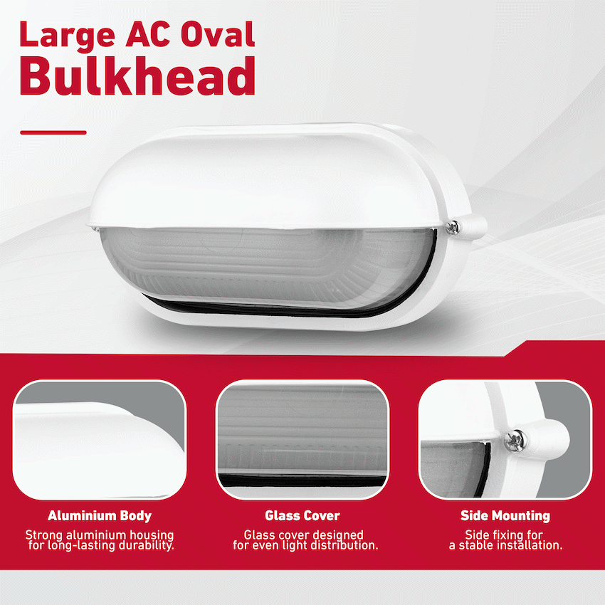 Ellies Arc Series - Large AC Oval Bulkhead - Aluminium + Glass - E27 Base -WT - image 4