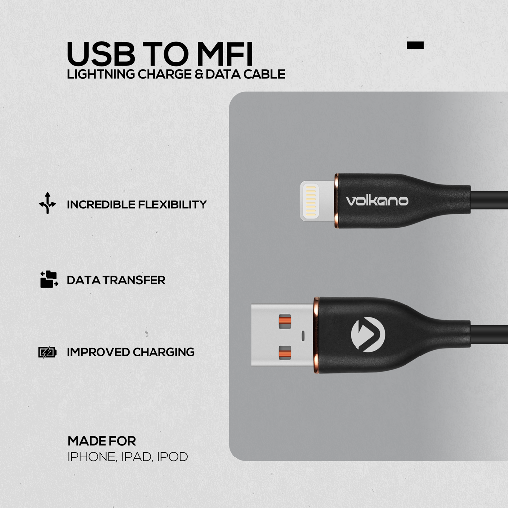 Volkano Flexi Series USB to MFI Lightning 1.5m 5v 2.4a 12w - Black