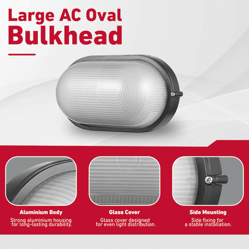 Ellies Illume Series - Large AC Oval Bulkhead - Aluminium  + Glass - E27 Base -BK - image 4