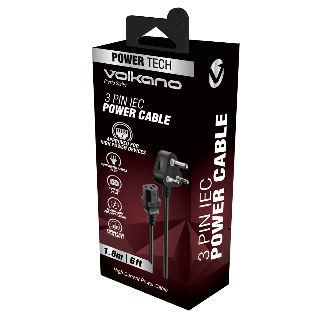 Volkano Presto Series Power Cable 3-Pin IEC to Type-M 1.8m 10a - Black
