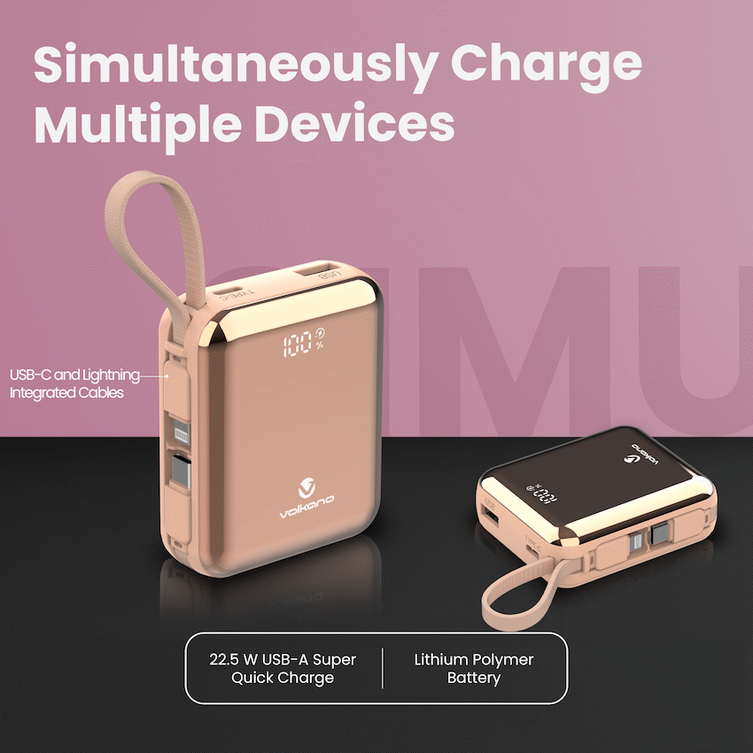 Volkano Solace Series 10 000 mAh Power Bank with Built-in USB-C & Lightning Cable - Pink & Rose Gold - image 5