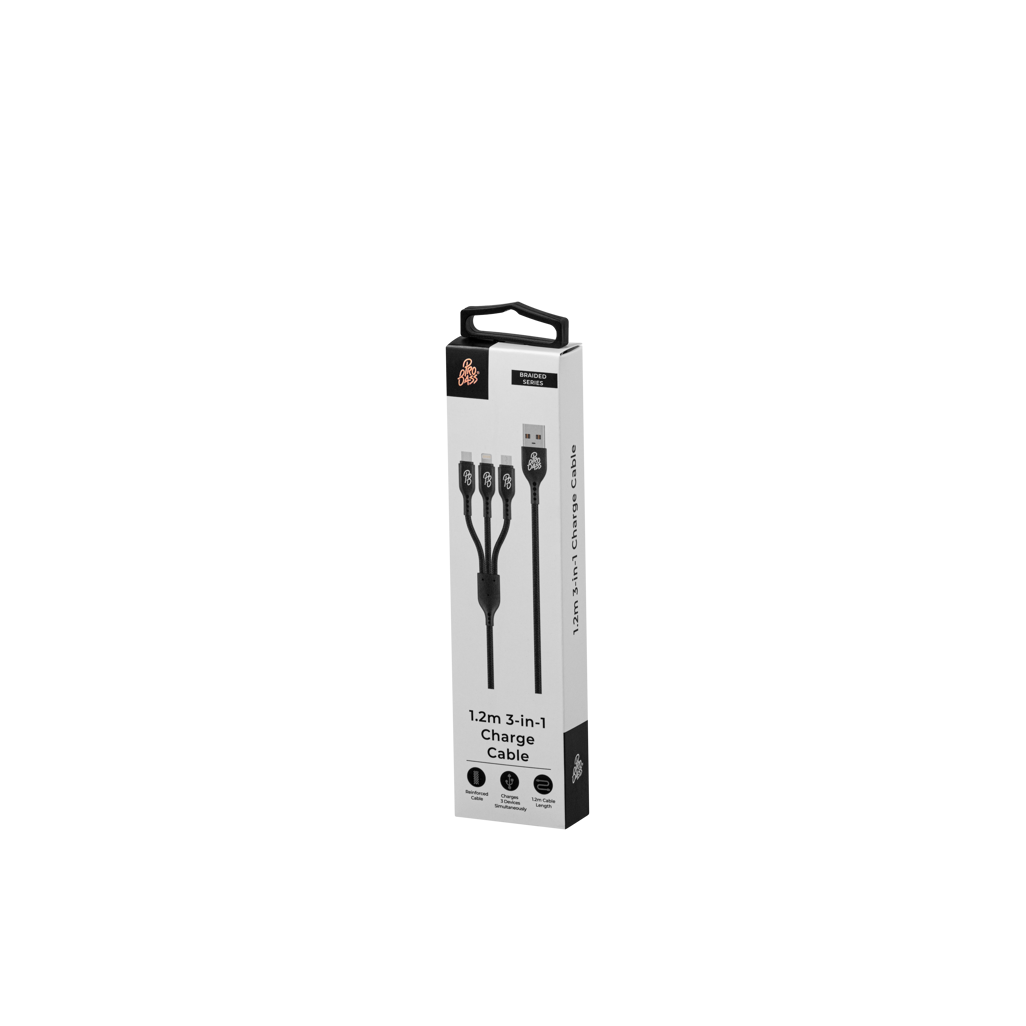 Pro Bass Braided 3-in-1 Charge Cable 1m - Black
