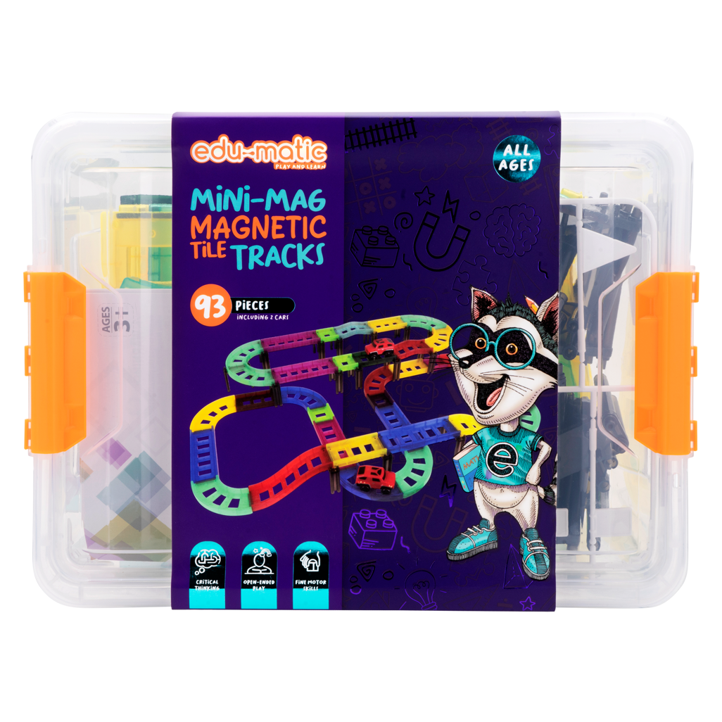 Edu-Matic Mini-Mag Magnetic Tile Tracks with 2 Cars and 93 Pieces