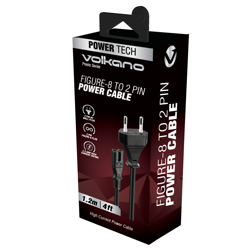 Volkano Presto Series Power Cable 2-Pin Figure 8 to Type-C Euro 1.2m 5a - Black