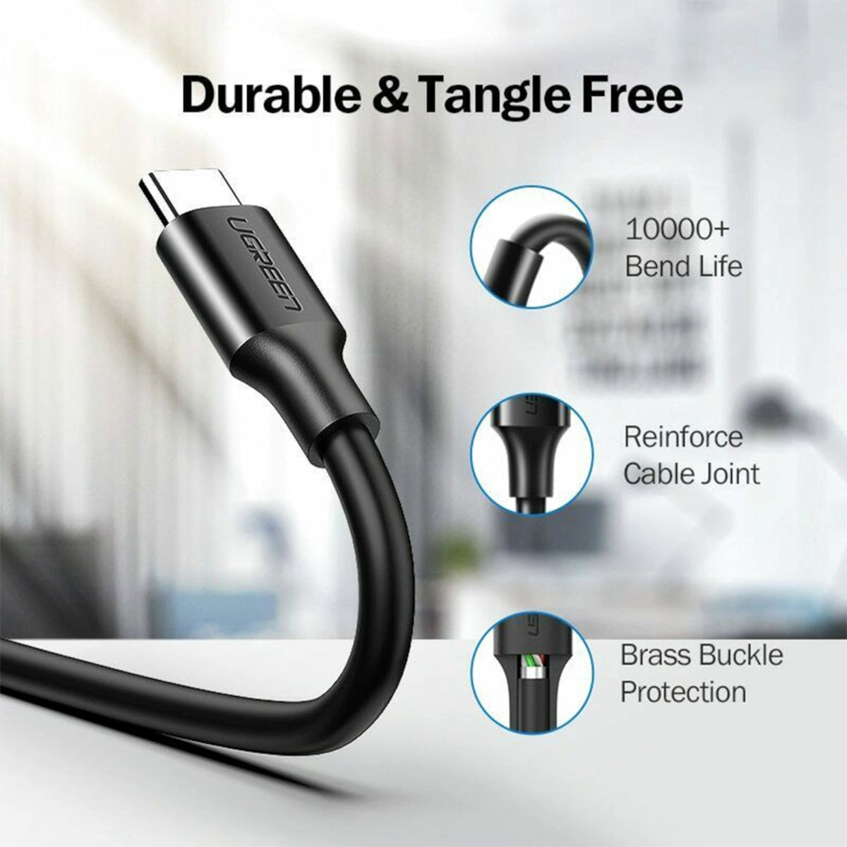 UGREEN Type-C to USB 3.0 Cable 1m – Fast Charging 3A, 5Gbps Sync – Black – image 3