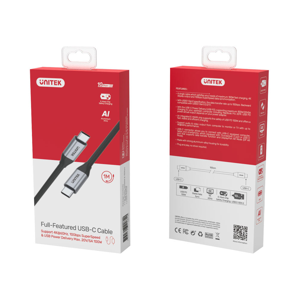 UNITEK C14082ABK 1M USB3.2 GEN2 10GBPS TYPE-C 100W PD FAST CHARGING CABLE WITH 4K @60HZ - image 4