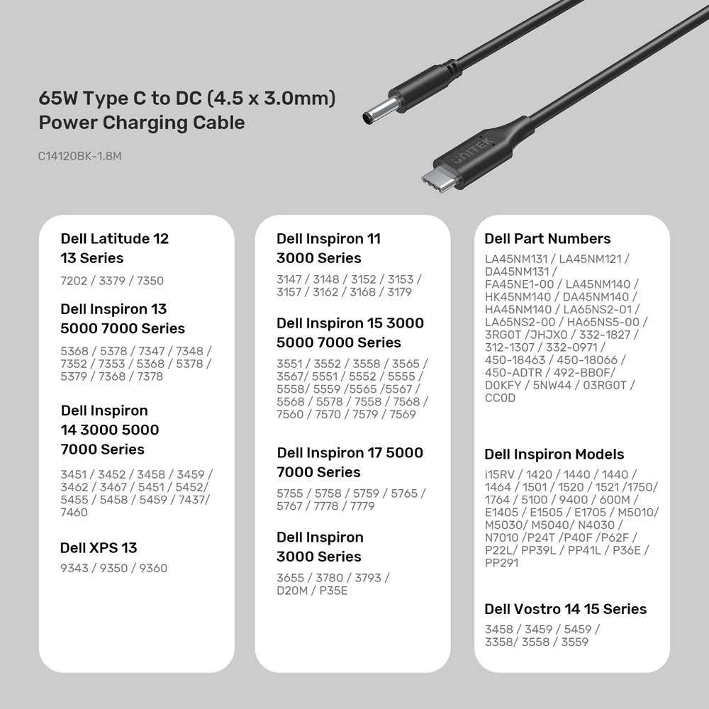 UNITEK C14120BK-1.8M 65W USB TYPE-C TO DC CHARGING CABLE WITH 4.5 × 3.0MM DC JACK FOR DELL LAPTOPS - image 4