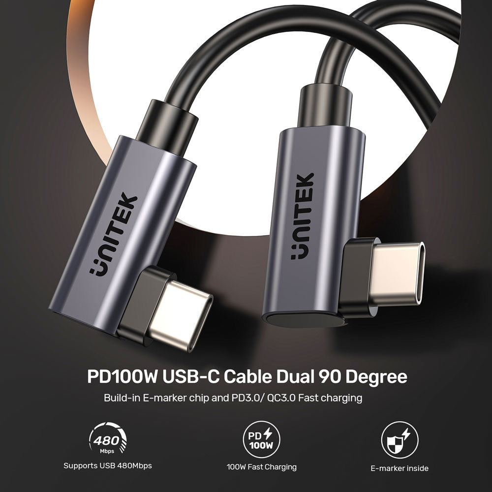 UNITEK .5M 100W USB-C DUAL 90-DEG BLK(C14147A-0.5) - image 4
