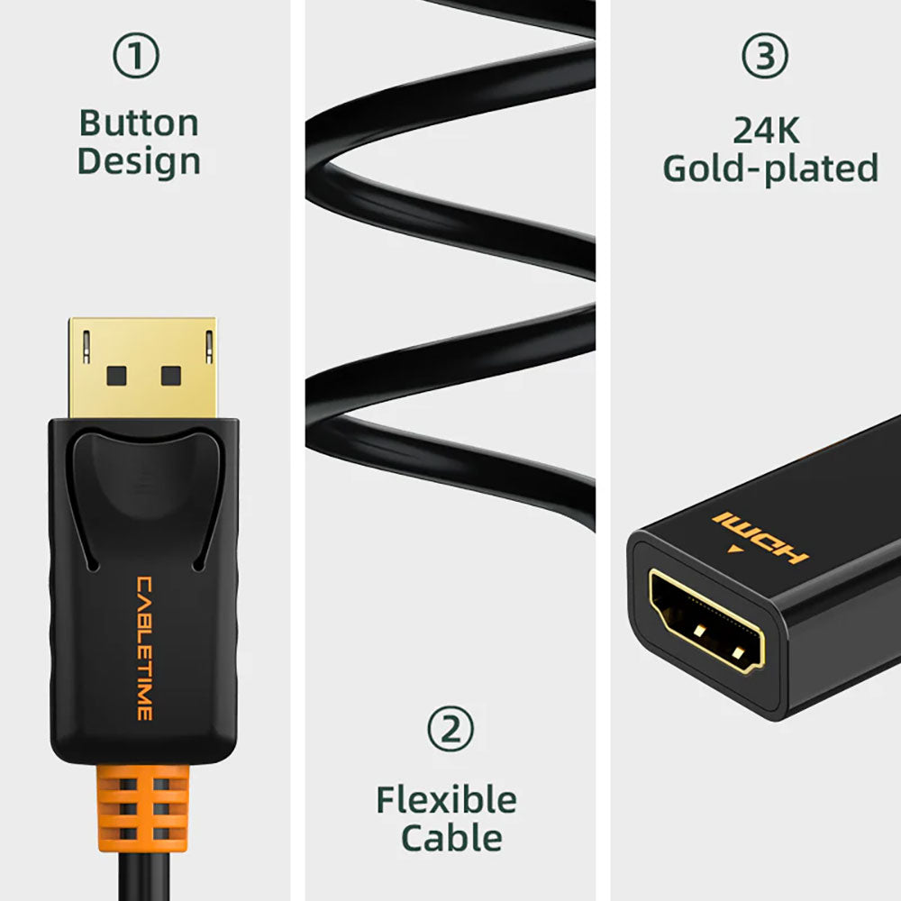 CABLETIME CP21B 20CM 4K @30HZ DISPLAYPORT MALE TO HDMI FEMALE ADAPTER (CT-AV586-01G-B0.2) - image 3
