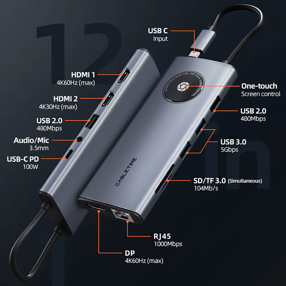 CABLETIME CB90G LENS SERIES 12-IN-1 USB3.0 TYPE-C 4K @30HZ PORT REPLICATOR WITH MST (CT-HUBL1-AG) - image 2