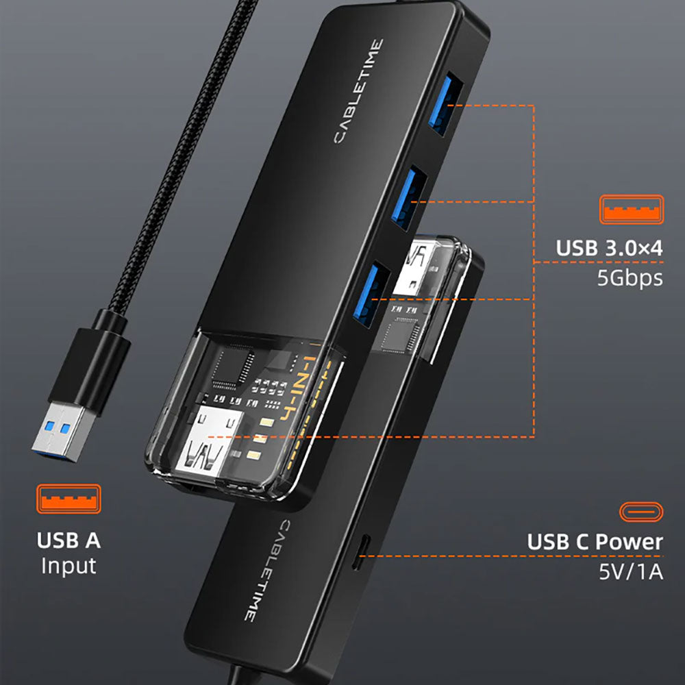 CABLETIME CB01B 20CM 4-PORT USB3.0 HUB (CT-HUBT1-PB) - image 2