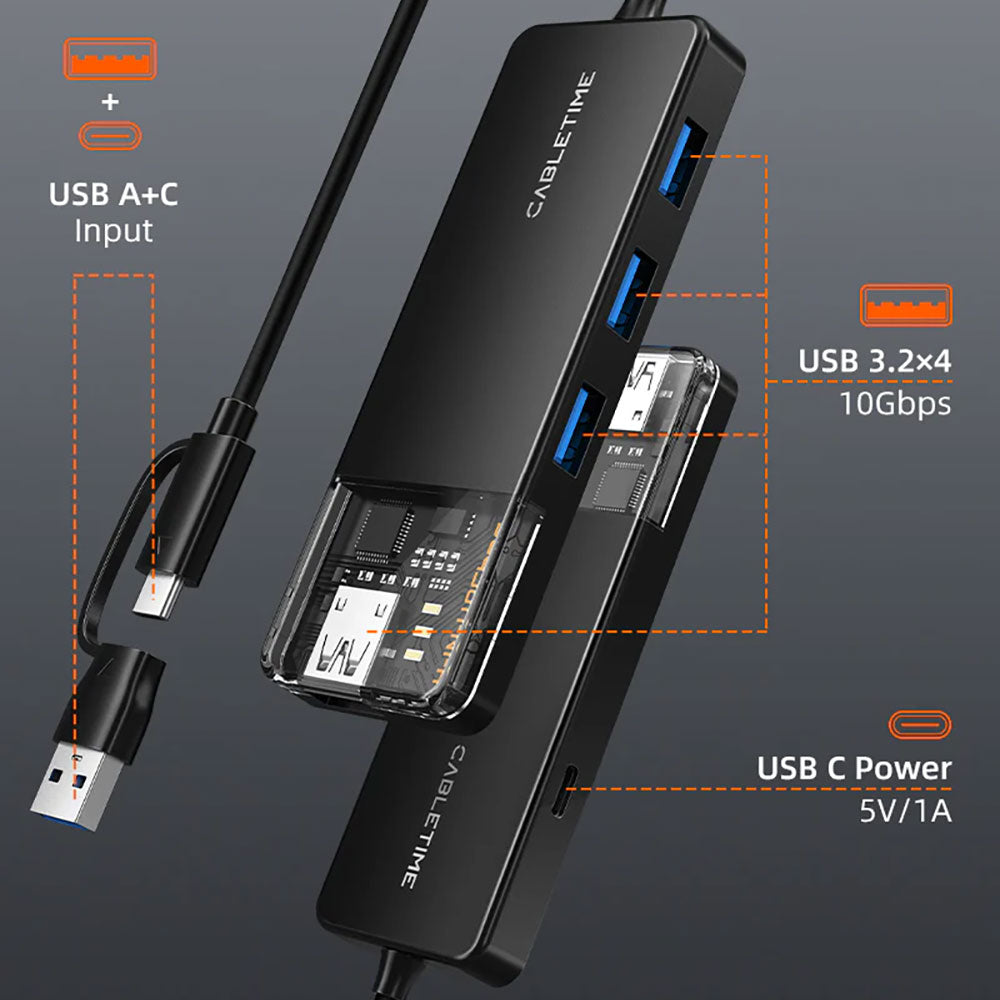 CABLETIME CB05B 20CM 4-PORT USB3.2 10GBPS HUB WITH USB TYPE-C/A ADAPTER (CT-HUBT5-PB) - image 2
