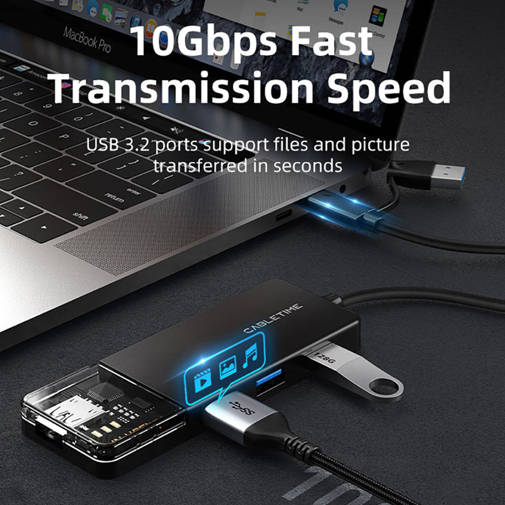 CABLETIME CB05B 20CM 4-PORT USB3.2 10GBPS HUB WITH USB TYPE-C/A ADAPTER (CT-HUBT5-PB) - image 3