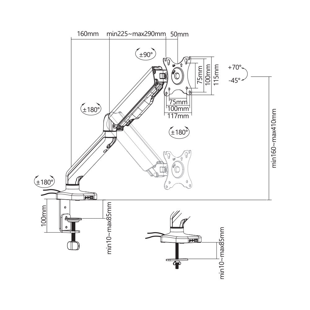 LINKQNET LDT46-C012U 17-32" SINGLE MONITOR SPRING-ASSISTED DESKTOP BRACKET WITH USB AND AUDIO PORTS - image 10