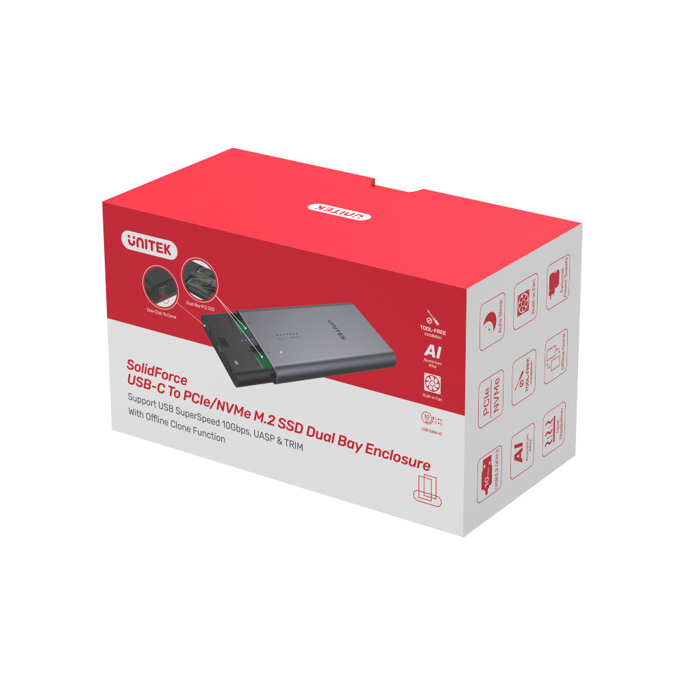 UNITEK S1206A SOLIDFORCE TYPE-C TO PCIE/NVME M.2 SSD 20GBPS DUAL BAY ENCLOSURE WITH OFFLINE CLONE - image 2