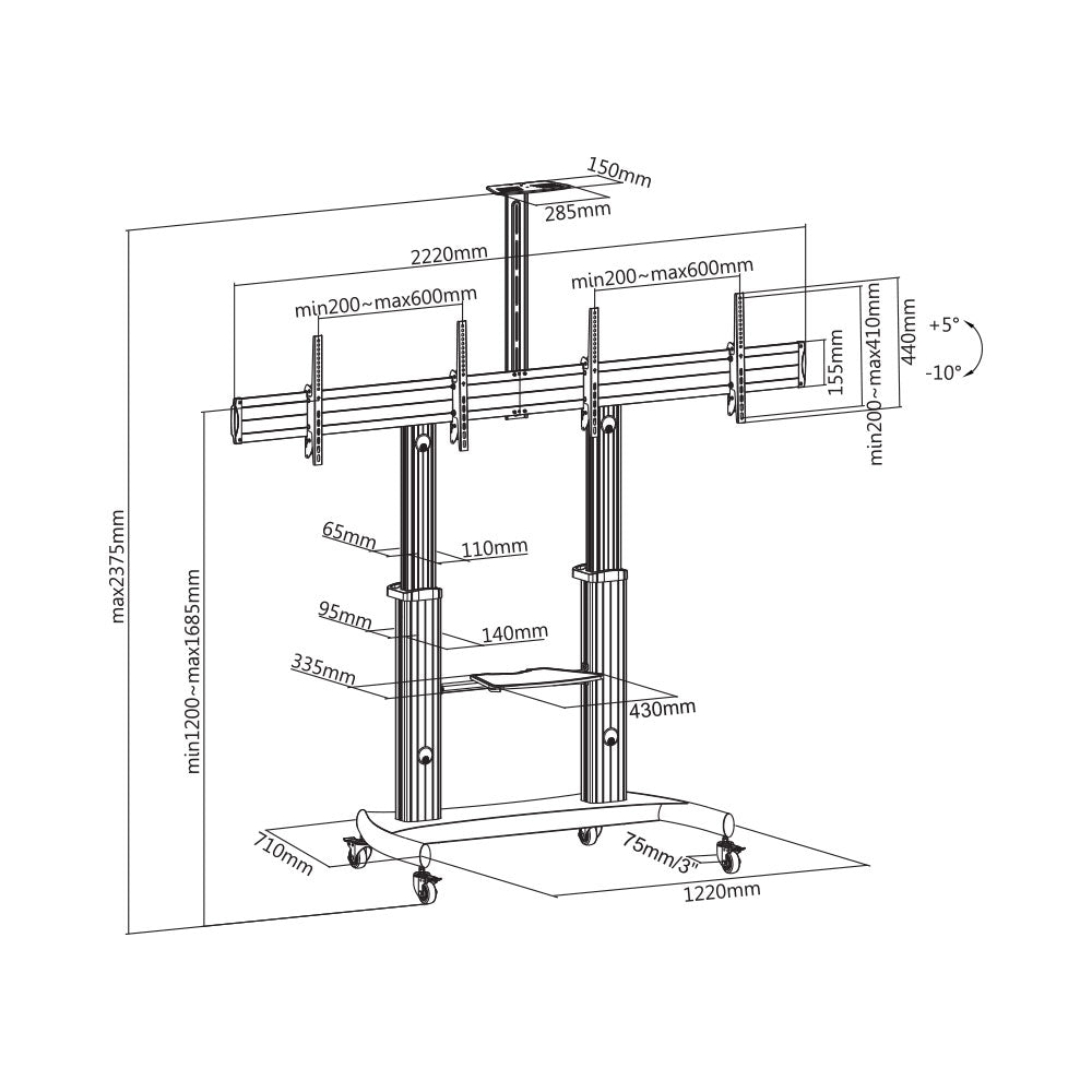 BRACKET DUAL 37-60INCH AV TROLLEY STAND 50KG, 1.6M - image 5