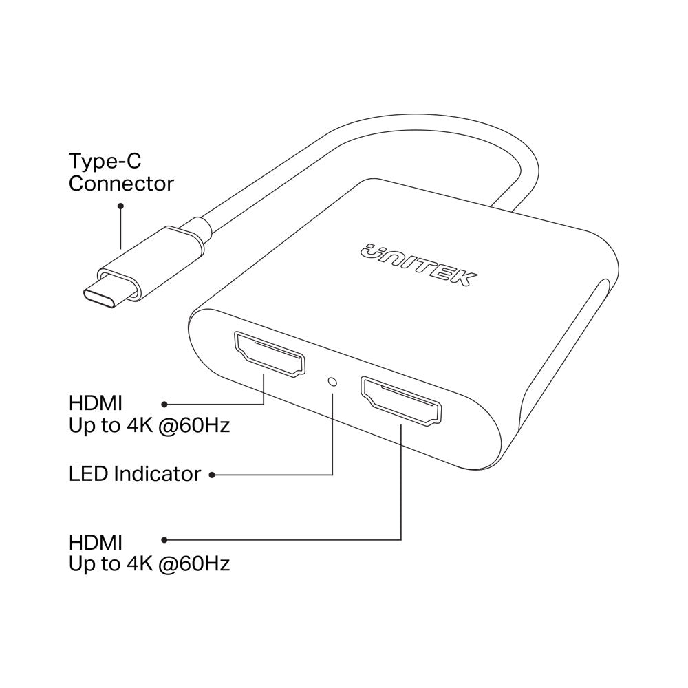 UNITEK TYPE-C TO DUAL HDMI2.0 4K ADAPTER (V1404B) - image 3