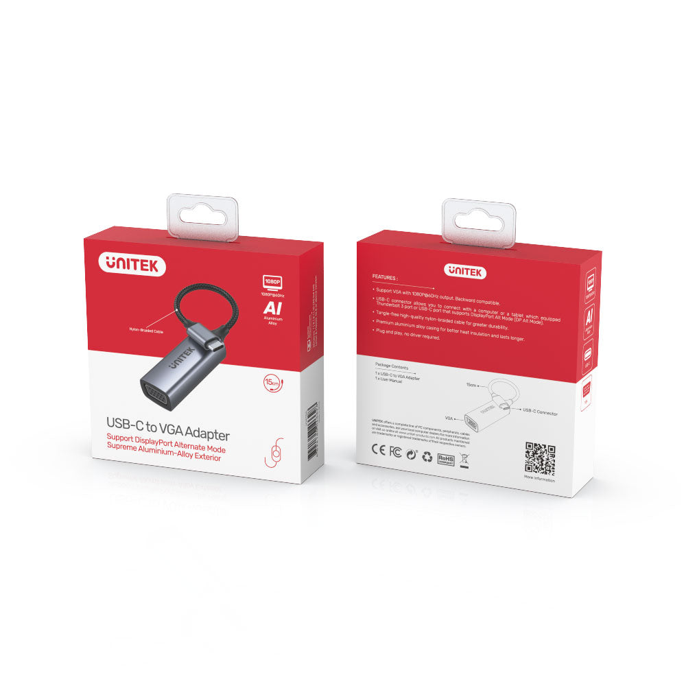 UNITEK V1413A 15CM 1080P @60HZ USB TYPE-C TO VGA FEMALE ADAPTER - image 3