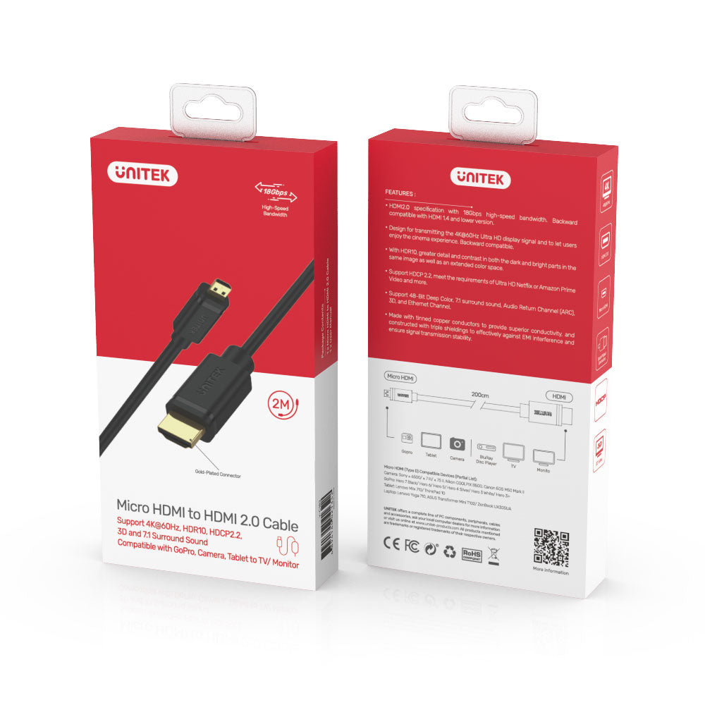 UNITEK 2M 4K MM MICRO HDMI TO HDMI2.0 CBL (Y-C182) - image 2