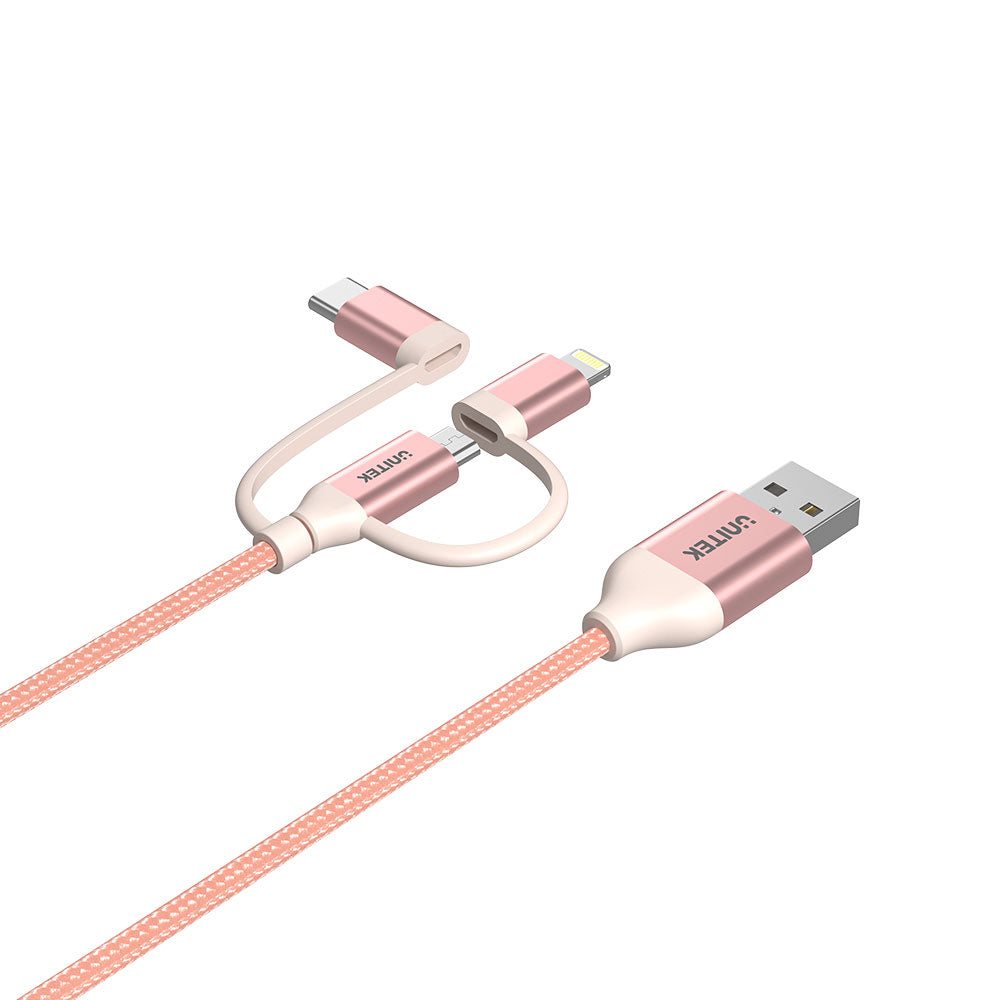 UNITEK Y-C4036ARG 1M 3-IN-1 USB2.0 TYPE-C M TO MICRO MULTI CHARGING CABLE WITH LIGHTNING ADAPTER (ROSE GOLD) - image 2