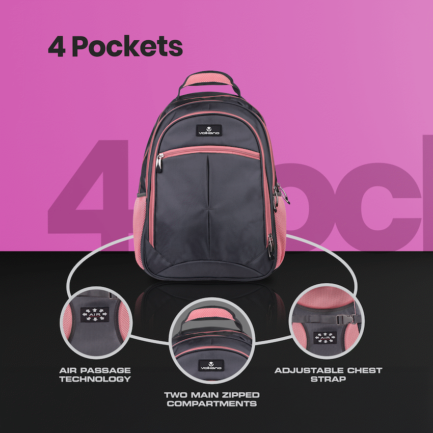 Volkano Orthopaedic Backpack 27L - Dark Grey/Pink - image 6