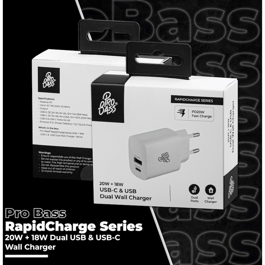 Pro Bass Rapidcharge Series 20w+18w Dual USB and Type-C Wall Charger - White - image 6