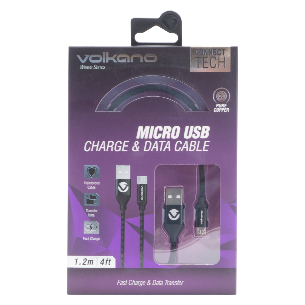 Volkano Weave Series Fabric Braided Micro USB Cable 1.2m - Black