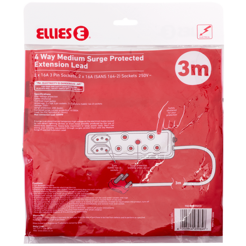 Ellies 4 Way Surge Extension Lead -3M - WT - image 6