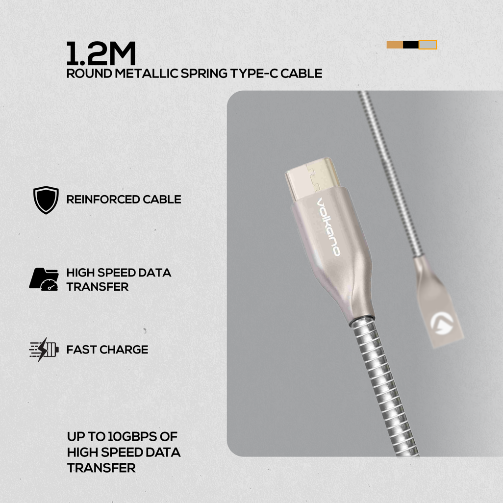 Volkano Iron Series Round Metallic Spring Type-C Cable 1.2m - Silver