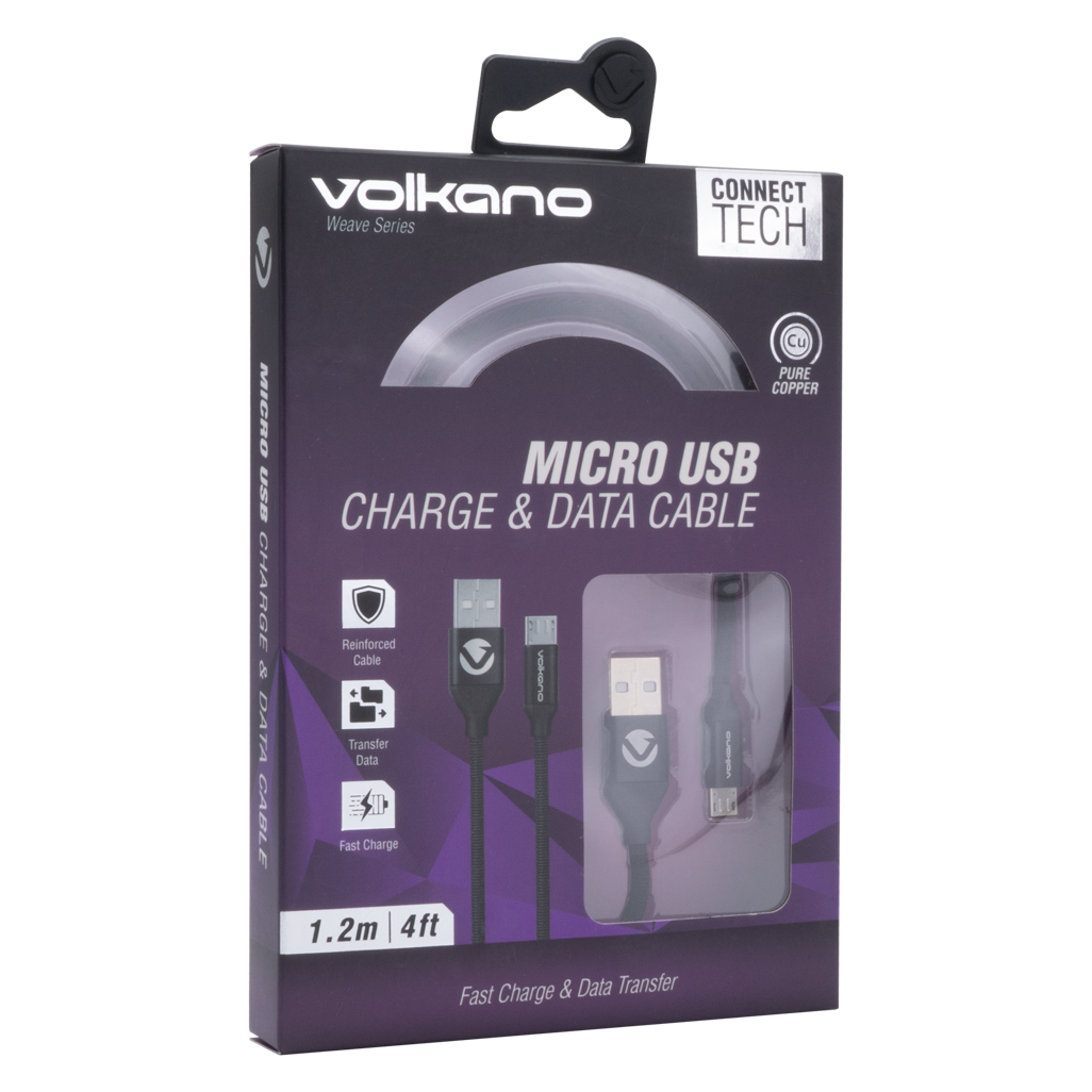 Volkano Weave Series Fabric Braided Micro USB Cable 1.2m - Black