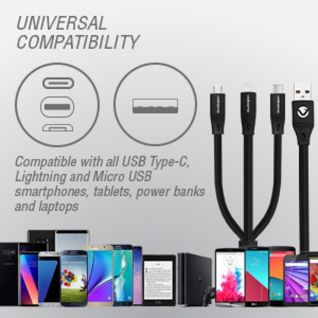 Volkano Slim Series Flat PVC 3-in-1 (Type-C / Lightning / Micro) Cable 1m - Black