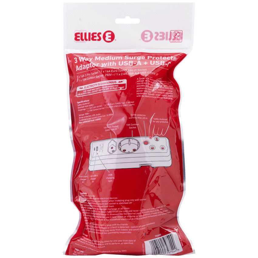 Ellies 3 Way Surge adaptor Schuko,with type C + USB - WT - image 7