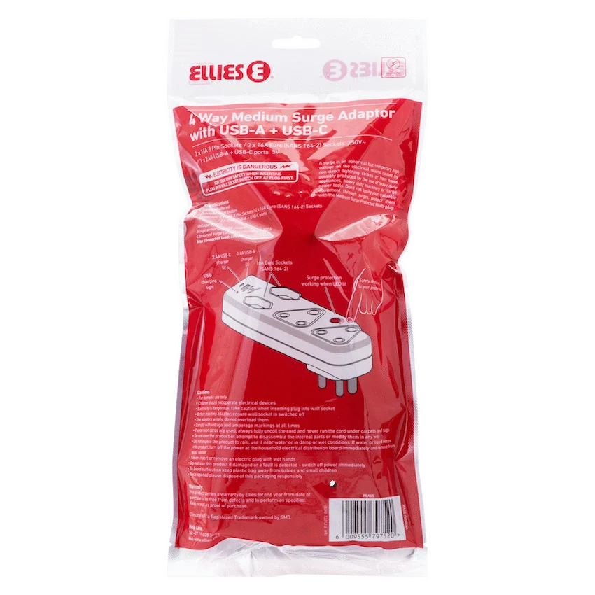 Ellies  4 Way Surge adaptor with type C + USB - WT - image 7