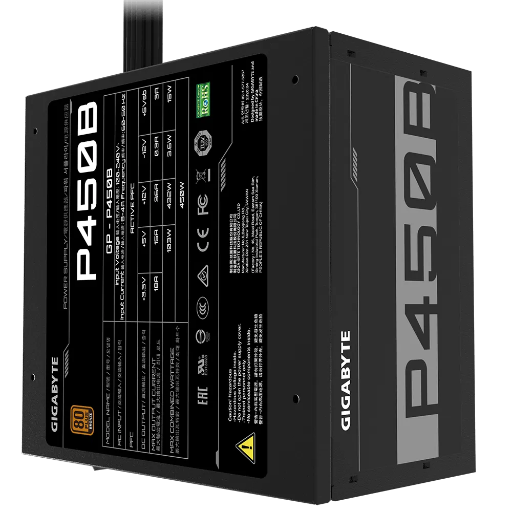 Gigabyte PSU P450B Bronze Certified 450W - 3 Year Warranty; 24/20-pin x 1; CPU 4+4-pin x 1; PCI-E 6+2-pin x 2; SATA x 6; Peri x3 - image 5