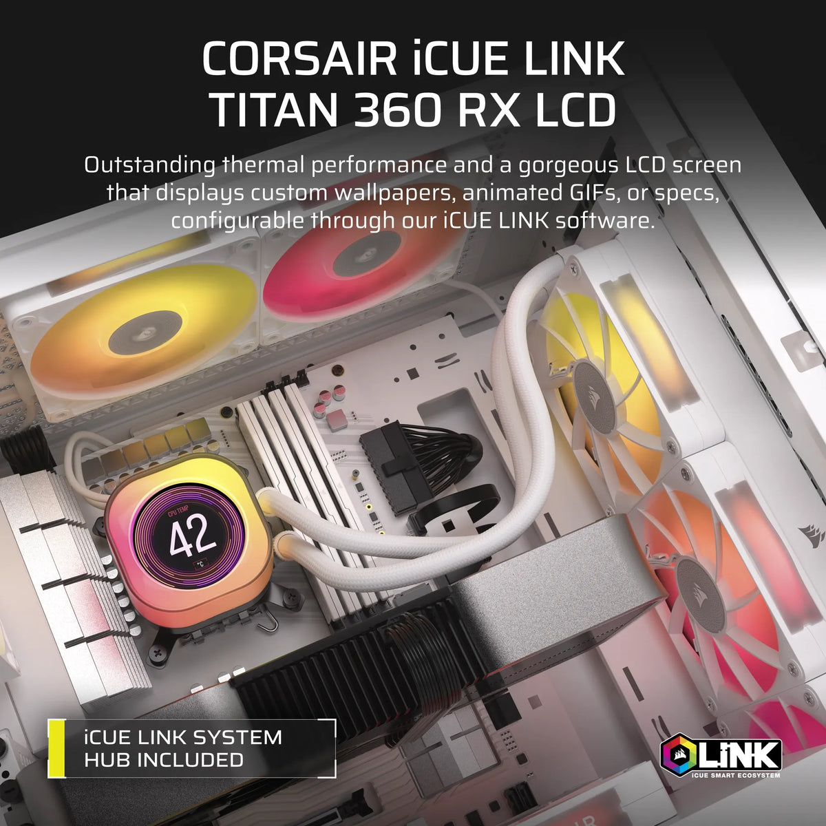 Corsair iCUE LINK TITAN 240 RX LCD Liquid CPU Cooler - White – RX120 RGB Fans – Fits Intel® LGA 1851/1700; AMD® AM5/AM4. - image 6