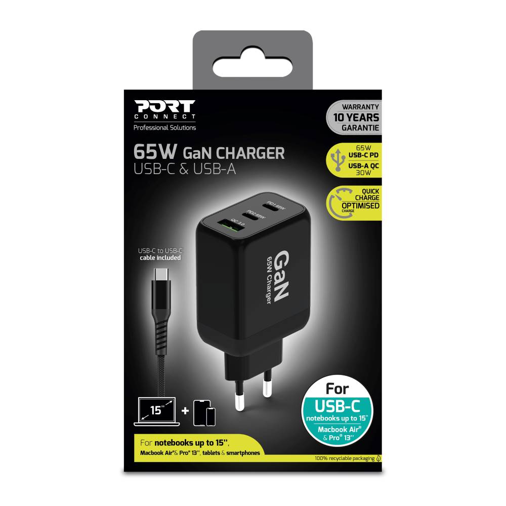 Port 65W GaN wall charger & 2M EU USB-C cable