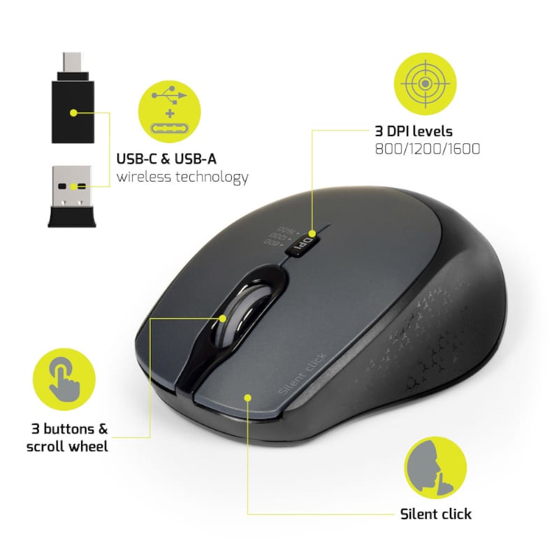 Port Connect Silent 1600DPI 3 Button Wireless Mouse - Black – image 3