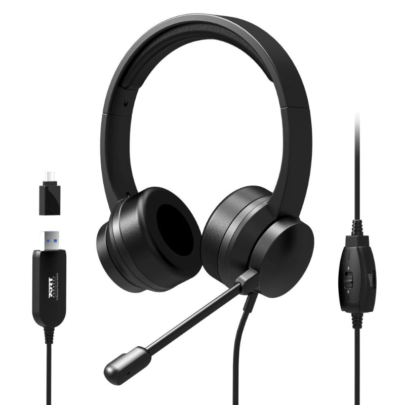 Port Connect USB Headset 1.8m Cable with Mic and Padded/Soft Cushions Black – image 5