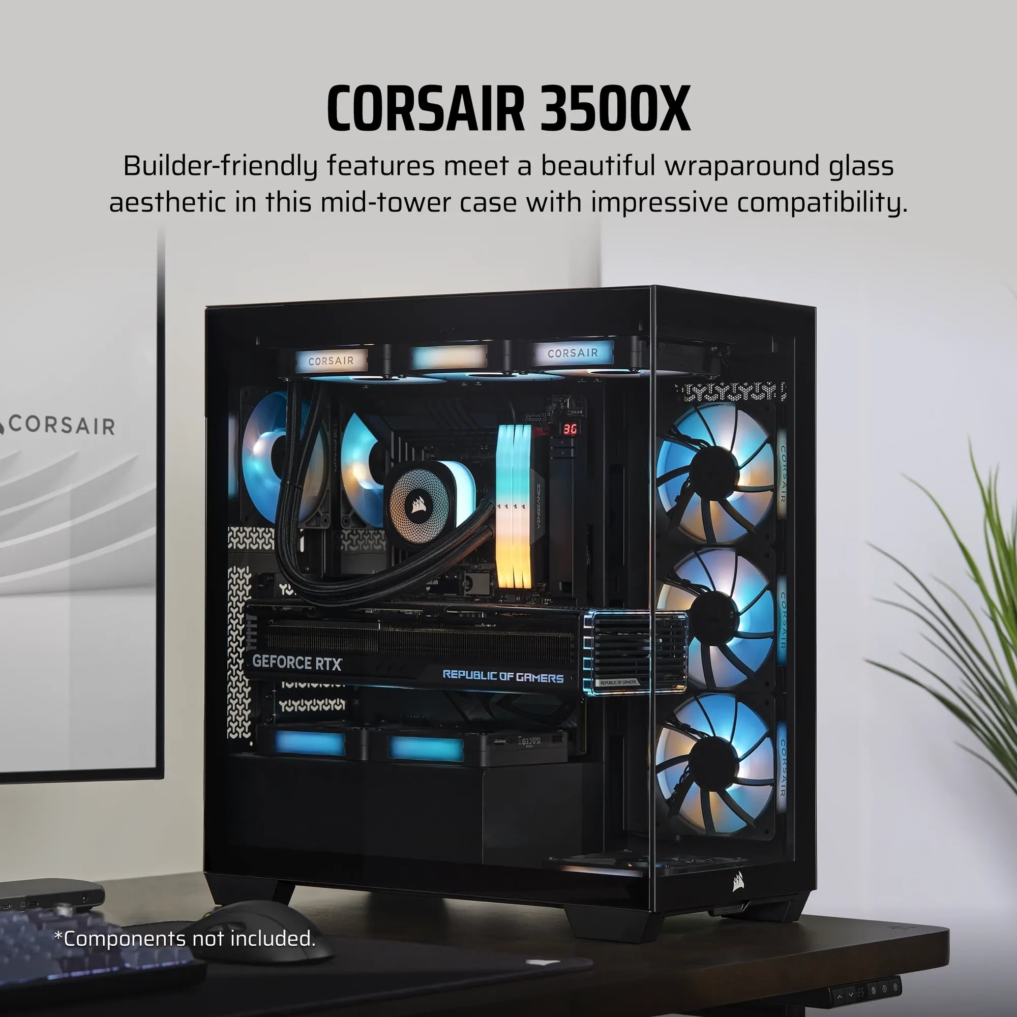 3500X Tempered Glass Black Mid-Tower PC Case; 2x 3.5'' |  2x 2.5'' Drive Bays; Up to 360mm Radiator compatible - image 6