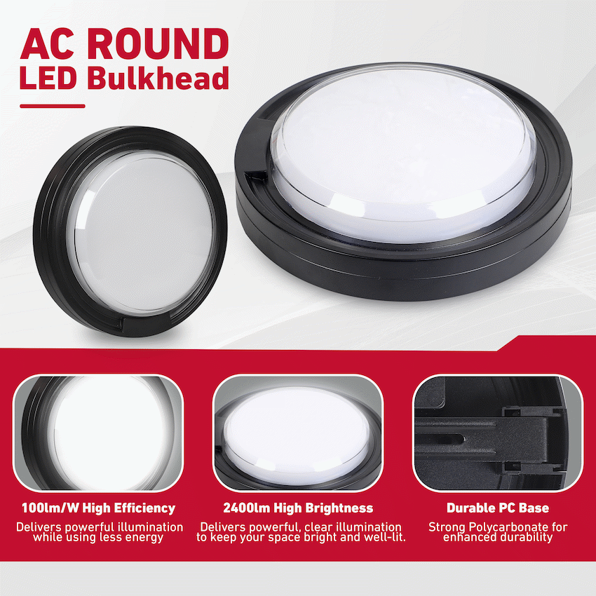 Ellies Cresent Series AC 24W Round LED Bulkhead - PC - BK - image 9