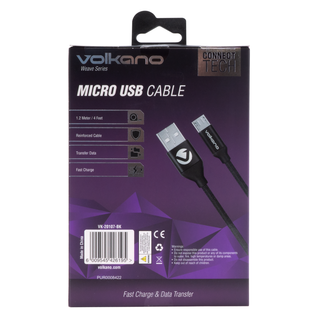 Volkano Weave Series Fabric Braided Micro USB Cable 1.2m - Black