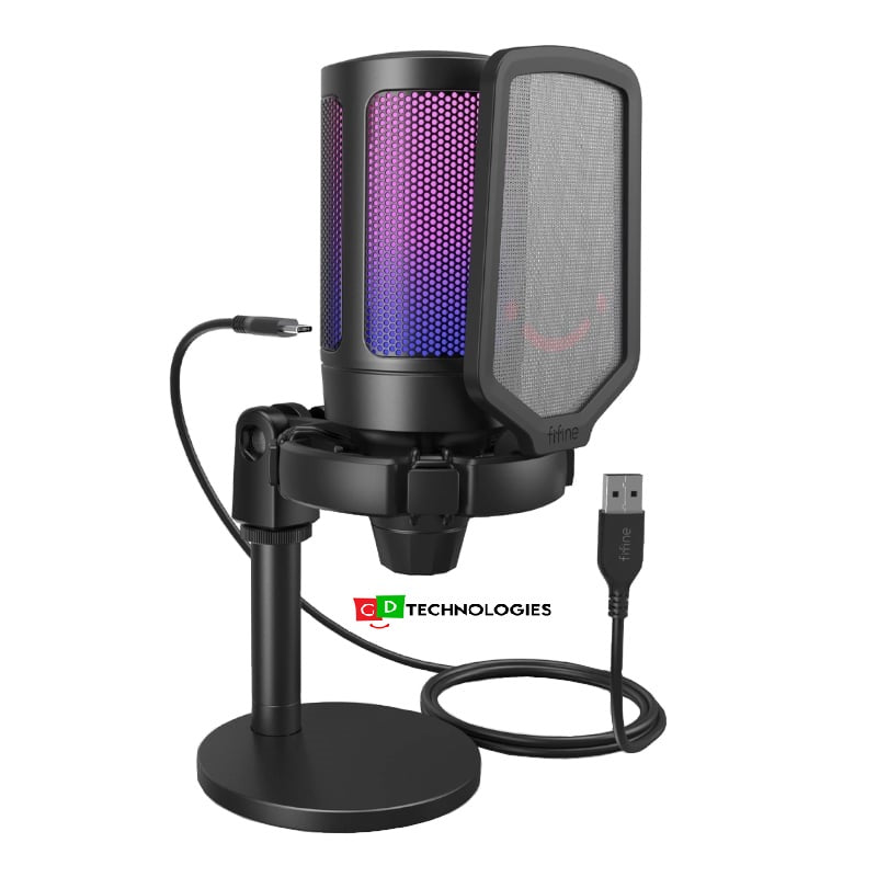 FIFINE MIC A6V Ampligame USB RGB Microphone with Pop Filter – Shock Mount – Round Stand