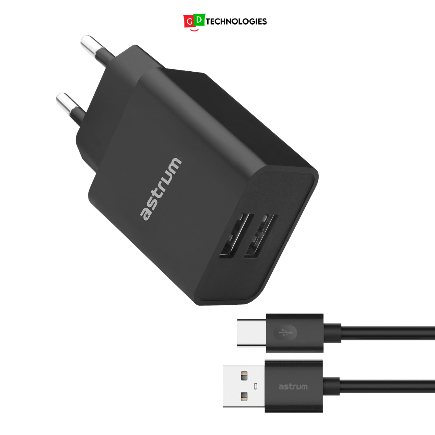 12W Dual USB Travel Wall Charger + USB-C Cable