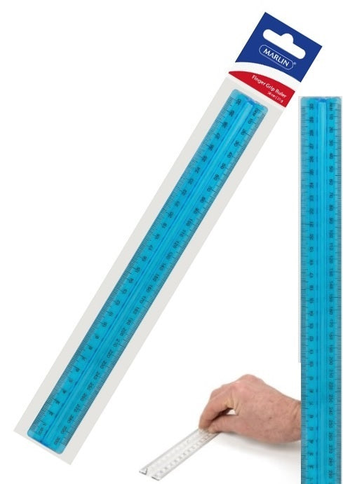 Marlin 30cm Finger Grip Clear Blue Ruler