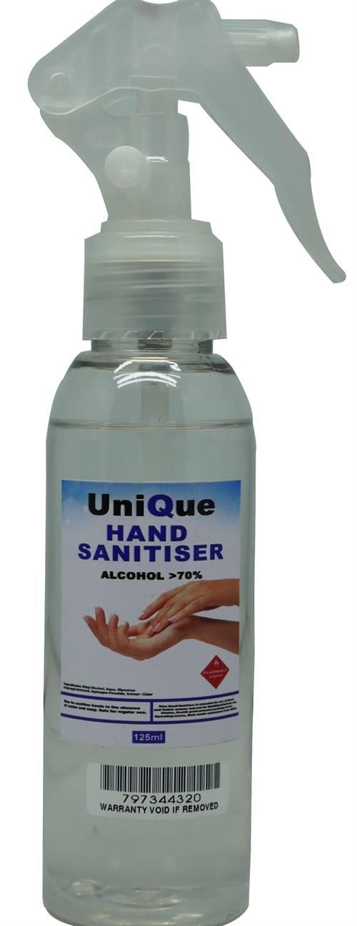 UniQue 125ml Hand Sanitiser Spray Bottle Retail Box No