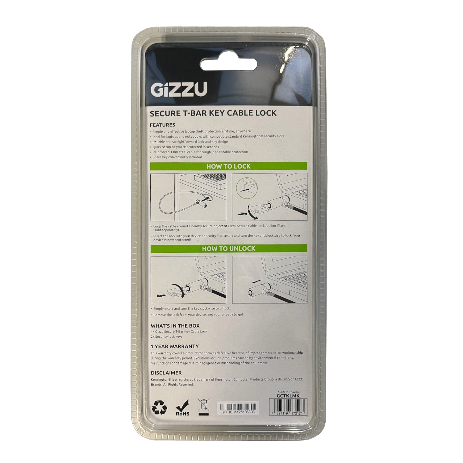 GIZZU 1.8m T-Bar Laptop Cable Lock Master Key Compatible – image 3